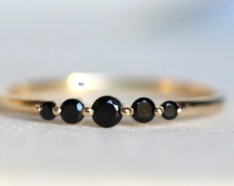 Five Stone Black Diamond Ring: Sterling Silver Minimalist Band