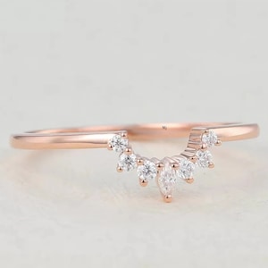 Geschwungener Ehering, Frauen Vintage Moissanite Marquise Schnitt Diamant Ehering, Solid 14K Rose Gold Braut Stapeln Jahrestag Geschenk Band