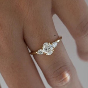 6.8MM Oval Moissanite Engagement Ring |3 Stone 14K Yellow Gold Women Anniversary Ring |Oval & Pear Diamond Wedding Art Deco Ring, Gift for