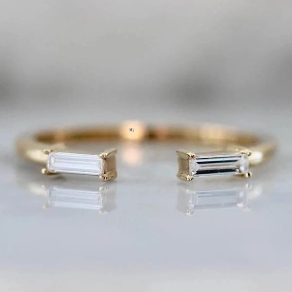 Anello nuziale Baguette a taglio aperto in oro 14k per le donne Delicato anello di fidanzamento baguette moissanite Delicato anello di promessa in oro Anello anniversario