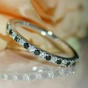 Black & White Diamond Half Eternity Ring For Womens, 14K Gold Finished Black And White Diamond Wedding Band, Ladies Diamond Anniversary Band