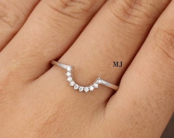 Curved Art Deco CZ Wedding Band: Sterling Silver Stacking Ring