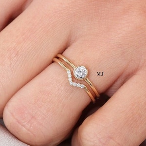 Bridal Engagement Ring Set, 14K Yellow Gold Plated, Bezel Set Ring, Colorless Moissanite, Stacking Band, Solitaire Ring Set,CZ stone ringSet