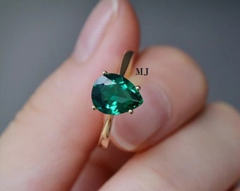 Anillo de oro amarillo vermeil con esmeralda talla pera: Plata de ley, piedra natal de mayo