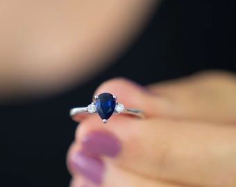 Anillo de zafiro en forma de pera: Plata de ley 925, piedra de nacimiento de septiembre