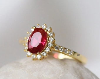 Diana Ruby Ring: Oval 925 Sterling Silver, Yellow Gold Plated