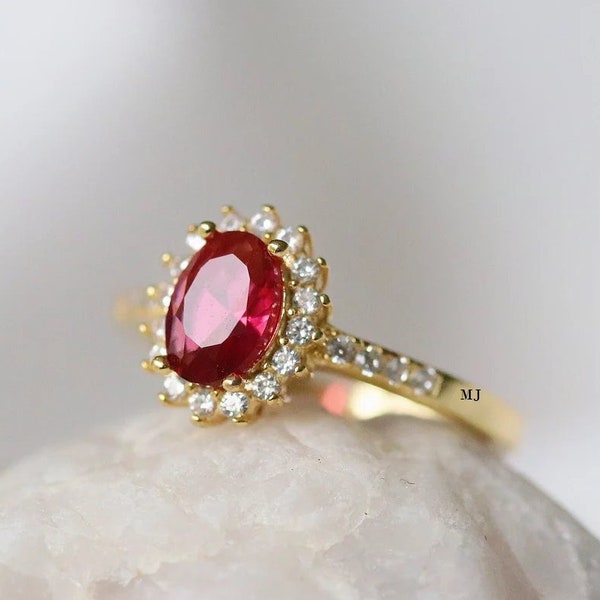 Diana Ruby Ring 14k Yellow Gold White Diamond Oval Engagement Ring Red Ruby Natural Diamonds Anniversary Gift For Her,CZ Pave Oval Ruby Ring