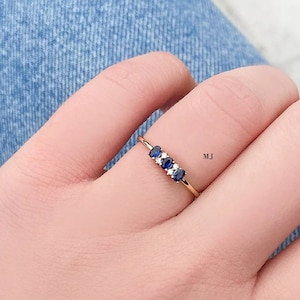 Genuine Blue Sapphire Gemstone Diamond Ring in 14k Solid Gold Engagement Wedding Band Ring, Handmade Jewelry,Anniversary Ring,Stackable Ring