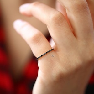 Full Black Diamond matching band in 14k rose gold/wedding ring/stacking wedding band/Round cut diamond ring/Petite pave anniversay Band ring