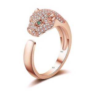 3D Wspaniały Jaguar Panther Leopard Pierścień Dazzle Cubic Zircon Regulowany Pierścień ze Srebra Sterling 925 Różowe złoto Prezent dla Niej Prezent urodzinowy dla Niej