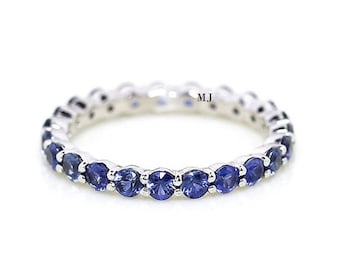 Blue Sapphire Eternity Ring, Full Eternity Band Ring, Sterling Silver Ring, Stackable Ring, Women Band Ring, Anniversary Ring, Gift For Her