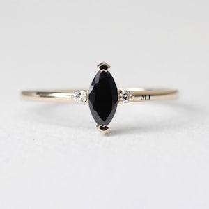 Marquise Black Onyx Three Stone Ring, 14K Yellow Gold Plated Sterling Silver