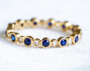 Sapphire and Diamond Sterling Silver Band: Art Deco Promise Ring
