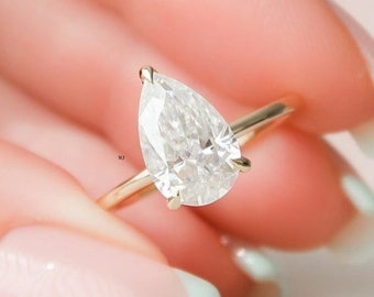 Pear Cut Diamond CZ Ring: 14k Gold Solitaire, Sterling Silver