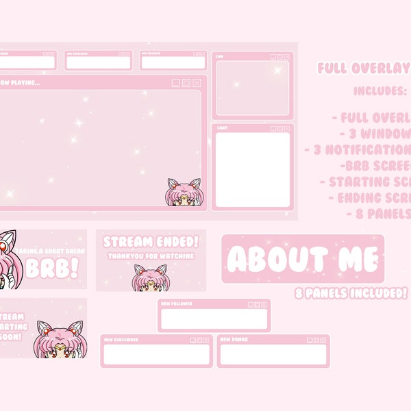 Chibi Moon Sailor Moon Inspired Pastel Pink Complete Twitch Stream Overlay with Panels