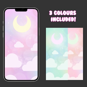 Iphone/Android Wallpaper Download Pack | Pastel Kawaii Cute Crescent Moon Clouds and Stars | Astrology Pastel Phone Background 3 PCS