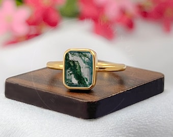 Handcrafted Moss Agate Octagon Ring 7x9 mm in 925 Silver or Gold Vermeil, Natural Moss Agate Ring, Bezel Set Solitaire Ring, Rose Gold