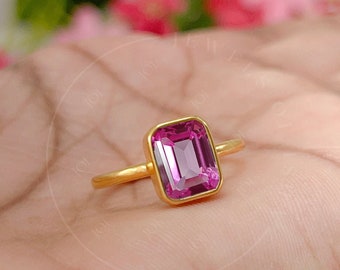 Emerald Cut Pink Tourmaline Ring, 7x 9 Octagon Pink Tourmaline, 925 Sterling Silver, 14k Gold Vermeil Women Solitaire Ring Handcrafted Gift.