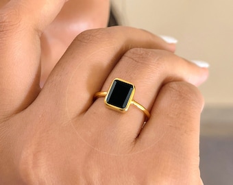Onyx Ring, Raw Emerald Cut Black Onyx 14k Gold Setting, 925 Sterling Silver Handcrafted Ring, Wedding Ring, Anniversary Gift, Rose Gold Ring