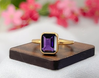 Emerald Cut Amethyst Ring, 925 Sterling Silver Gold Vermeil Octagon Bezel Set Solitaire Ring, Anniversary Gift for Her, Women Everyday Ring