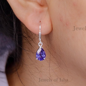 Pear Cut Tanzanite Droplet Earrings,  925 Silver/14k Gold, Teardrop 7x10 Lever Back Closure, Fine Handcrafted, Women Gift, Anniversary Gift
