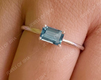 Aquamarine Ring, 4 x 6 Baguette Solitaire Thin Ring, 14k Gold Or 925 Sterling Silver, Women Everyday Ring, Solid Handmade, March Birthstone