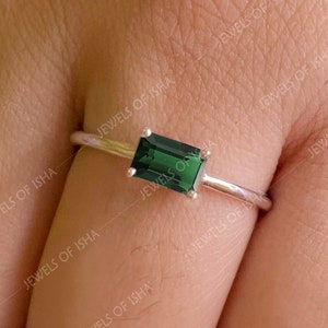 Green Tourmaline Ring, Baguette Solitaire 4 x 6, Dainty Solitaire Ring, 14k Gold or 925 Silver, Minimal Women Ring, Stacking Ring, Wife Gift