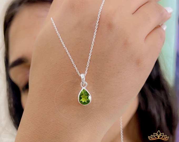 Delicate Peridot Pendant Necklace, 925 Silver, 14k Gold Pear Bezel Set 7 x 10 Peridot, August Birthstone, Minimalist Everyday Necklace