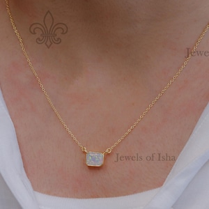 Opal Necklace 925 Silver or 14k Gold Vermeil,Emerald Cut 7x9, October Birthstone, Opal Solitaire, Women Handmade Gift Jewelry, Gift for Wife