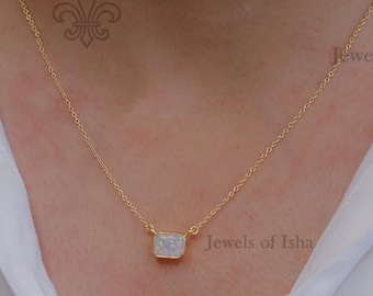 Opal Necklace 925 Silver or 14k Gold Vermeil,Emerald Cut 7x9, October Birthstone, Opal Solitaire, Women Handmade Gift Jewelry, Gift for Wife