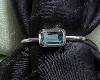 Aquamarine Ring, Thin Baguette Ring, Women Daily Wear Ring,925 Silver 14k Gold, Handmade Ring, Stacking Ring Best Friend Gift, Gift for Her
