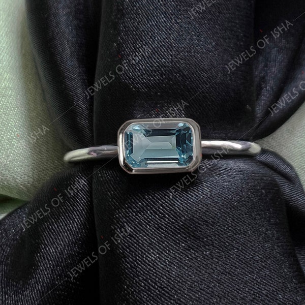 Aquamarine Ring, Thin Baguette Ring, Women Daily Wear Ring,925 Silver 14k Gold, Handmade Ring, Stacking Ring Best Friend Gift, Gift for Her