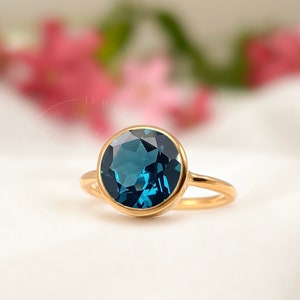 London Blue Topaz Ring, Round 10 mm Solitaire Bezel Ring, 925 Silver Gold Vermeil, Solid Handmade Gift Ring,Birthstone Jewelry Everyday Ring
