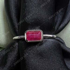 Baguette Cut Ruby Ring, 14k Gold or 925 Sterling Silver, Bezel Set Rectangle Thin Ring, Women Minimal Stacking Ring, Everyday Wear Handmade