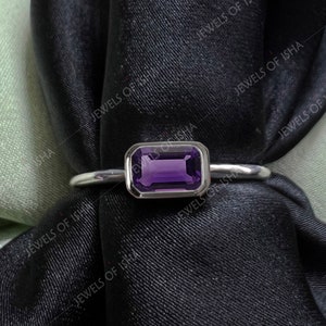 Amethyst Baguette Ring, dünner Silber oder 14k Goldring, Februar Geburtsstein, kleiner rechteckiger Steinring, 14k Rosegold, Brautring