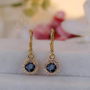 Color Changing Alexandrite 6mm Dainty Earrings, AAA Diamond Halo Style 925 Silver Dangle Drop Christmas Gift,Purple Blue Alexandrite Earring
