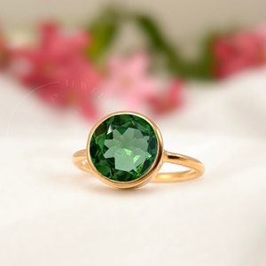 Green Diopside Ring, 10mm Round Chrome Diopside Ring, Solid Handmade 925 Silver or 18k Gold, Green Stone Solitaire Ring, Birthday Gift Her