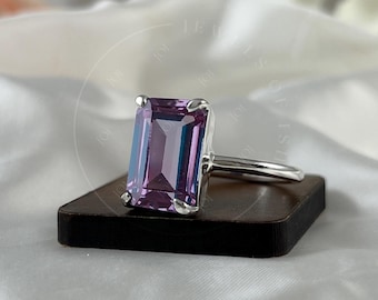 Alexandrite Ring, Purple Blue Color Changing Alexandrite 10x14 Octagon, 925 Sterling Silver,14k Gold Vermeil Wedding Engagement Promise Ring