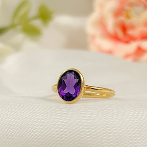 Dainty Amethyst Solitaire Ring, Oval 6 x 8 Bezel Handmade Solid 925 Silver Ring, 14k Gold Vermeil, Rose Gold , Stacking Women Ring Mom Gift