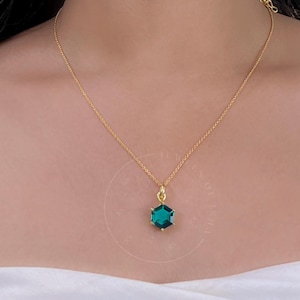 Vintage Teal Sapphire 10mm Hexagon Cut Necklace, 925 Silver, 14k Gold, Delicate Women Necklace, Minimalist Gift,Birthday Gift, Her Best Gift