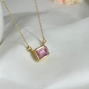 Morganite Necklace, Pink Morganite 7 x 9 Emerald Cut, 925 Silver or 14k Gold, Solid Handmade Women Necklace, Bridesmaid Wedding Jewelry Gift