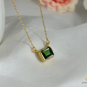 Green Tourmaline Necklace, 14k Gold Or 925 Silver, Solid Handmade Women Necklace, 7 x 9 Emerald Cut Tourmaline, Choker Layering Women Gift