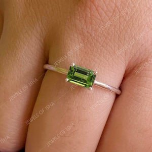 Peridot Ring, Dainty Solitaire Ring, 4 x 6 Baguette Peridot, 925 Silver 14k Gold Vermeil, Minimal Stacking Ring, August Birthstone,Rose Gold