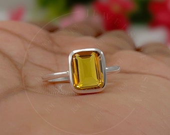 Emerald Cut Citrine Solitaire Ring 925 Silver, 14k Gold 7 x 9 MM Bezel Set Ring, Handcrafted Women Everyday Ring, Birthstone Ring, Mom Gift