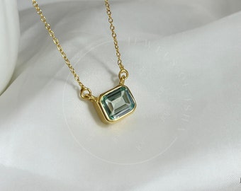 Grün Amethyst Halskette, Massiv 925 Sterling Silber Gold Vermeil, Prasiolith 7x9 Emerald Cut, Minimal Layering Frauen Halskette, Geburtstagsgeschenk