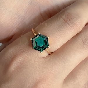 Vintage Teal Sapphire Hexagon Ring, 14k Gold or 925 Silver Solitaire Green Blue Sapphire, Wedding Ring, Anniversary Gift, Handmade Gift Ring