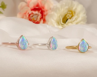 Dainty Opal Ring, 925 Sterling Silver,14k Gold, Rose Gold, 6 x 8 Pear Cut Opal Wedding Ring, Teardrop Opal Simulant, Wedding Engagement Ring