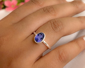 Tanzanite Solitaire Ring, 6 x 8 Oval Bezel Set Handmade Ring,925 Sterling Silver or 14k Gold Vermeil, Women Ring, Stacking Ring Gift For Her