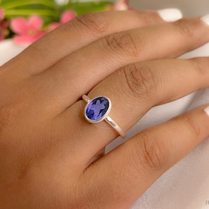 Tanzanite Solitaire Ring, 6 x 8 Oval Bezel Set Handmade Ring,925 Sterling Silver or 14k Gold Vermeil, Women Ring, Stacking Ring Gift For Her