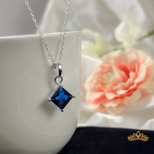 Stunning Princess Cut Sapphire Solitaire Necklace, 8mm Square Minimalist Layering Necklace, 925 Silver, 14k Gold, Bridesmaid Gift Mom Gift